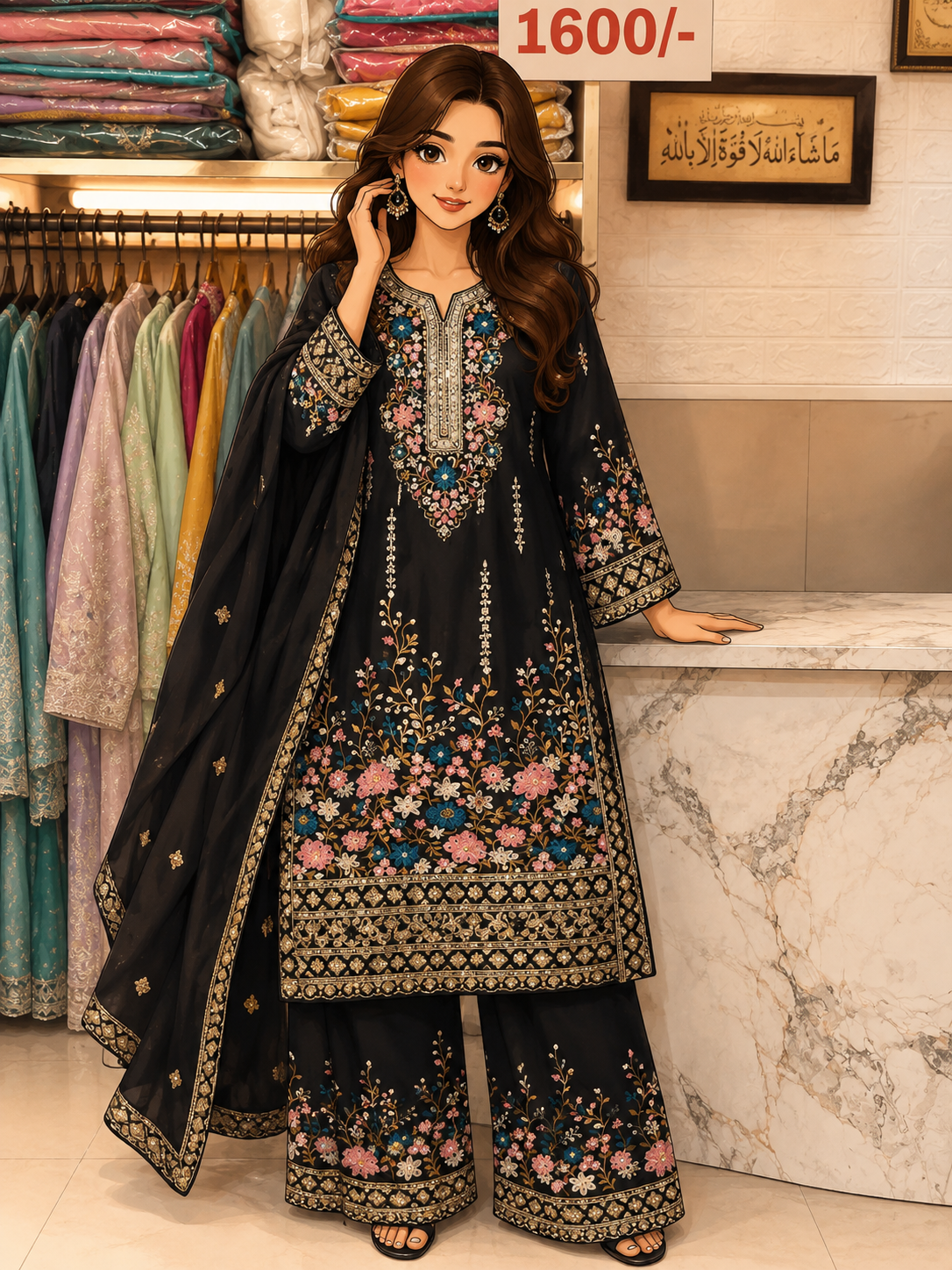 Code-1132 Pakistani long embroidered suit