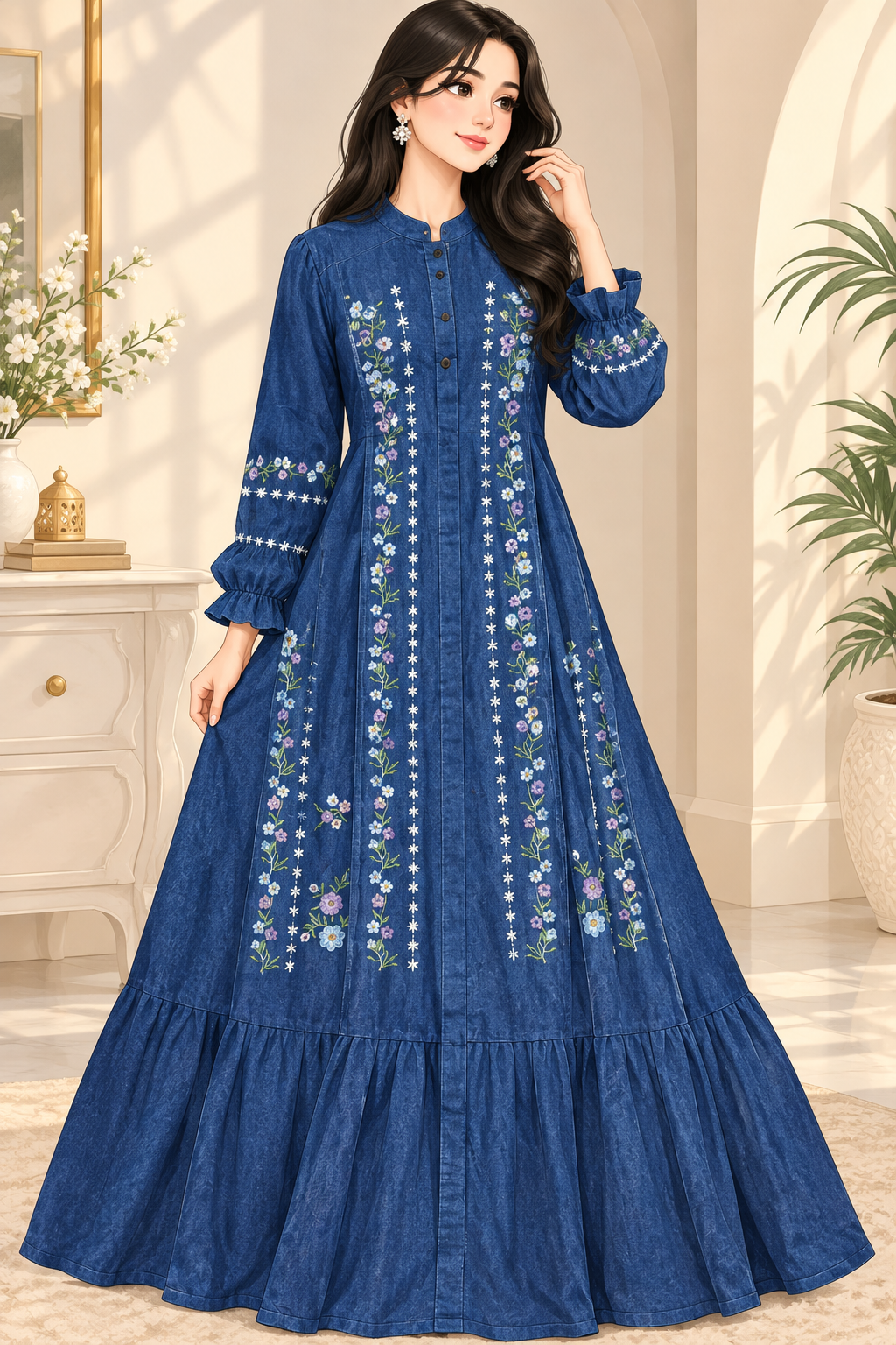 Code 1187 IMPORTED korean denim embroidered gowns